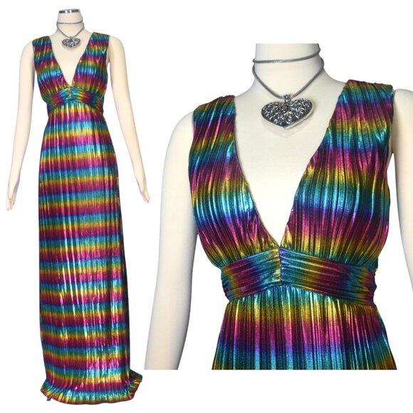 Wow Couture Metallic Rainbow Stripe Maxi Plisee Dress New S - Picture 1 of 8